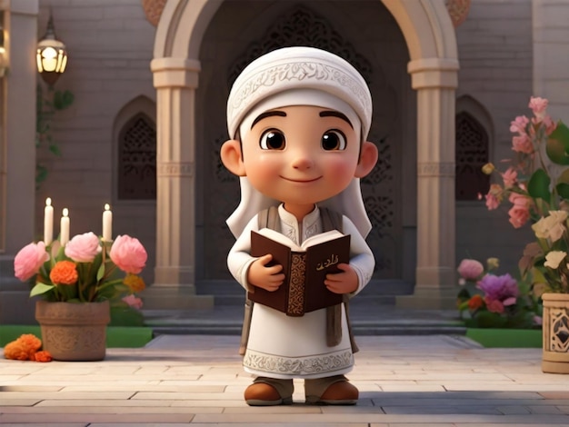 3D photo of a cute cartoon a Muslim child dressed in Islamic clothes