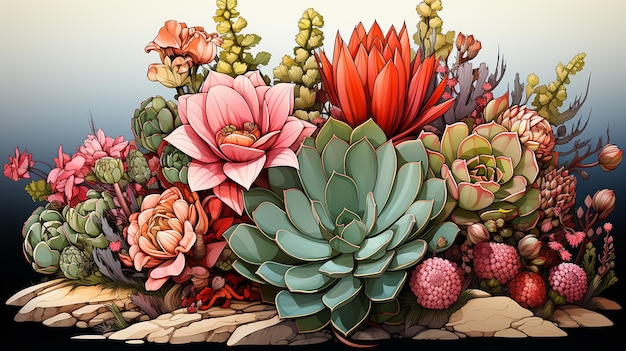 3d photo of a A drawing of a bunch of succulents with leaves and flowers generative ai wallpaper