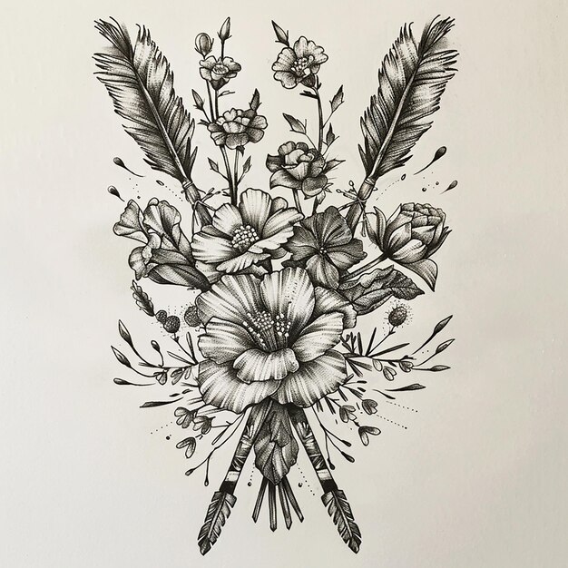 Photo 3d photo of a drawing of roses with feathers and flowers