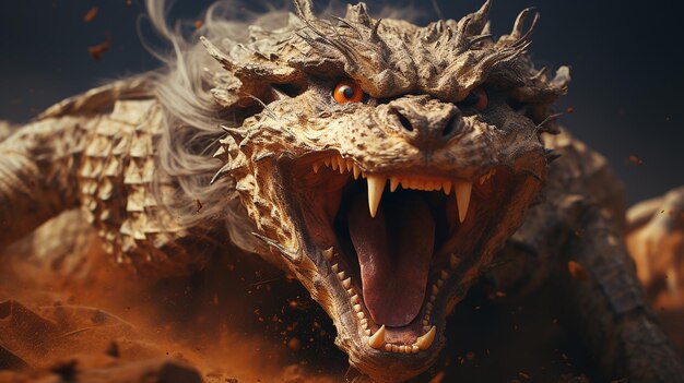 3D-фото фантастического дракона в облаках, свирепого динозавра в дыме, голову фантастического злого дракона.