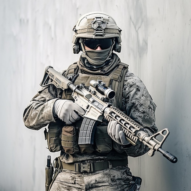 3D-фото футуристического солдата с оружием Иллюстрация, сделанная с помощью генеративного ИИ