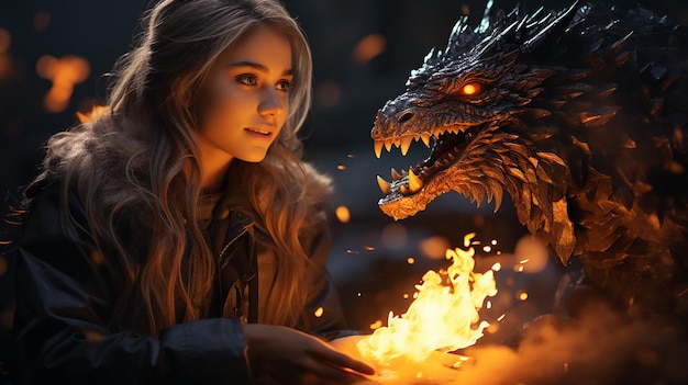 3d photo of girl with dragon