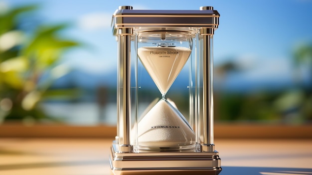 3d photo of a Hourglass on wooden desk against blurred lights background wallpaper