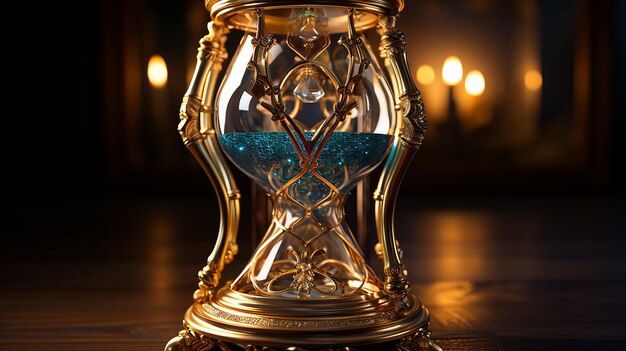 Photo 3d photo of a hourglass on wooden desk against blurred lights background wallpaper