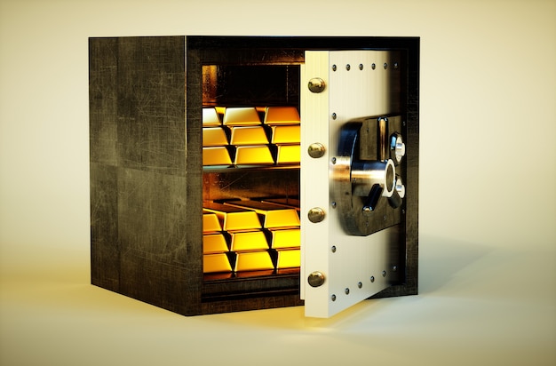 3d photo realistic vivid image of safe with golden bars