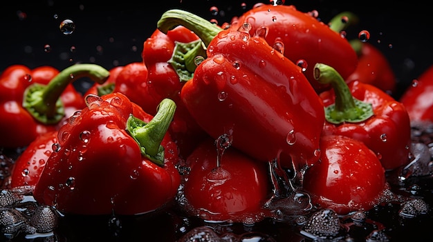 Photo 3d photo of a red hot chili peppers with splashes of water on a black background wallpaper
