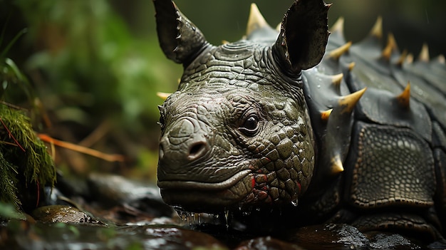 3d photo of a A rhinoceros in the jungle wallpaper