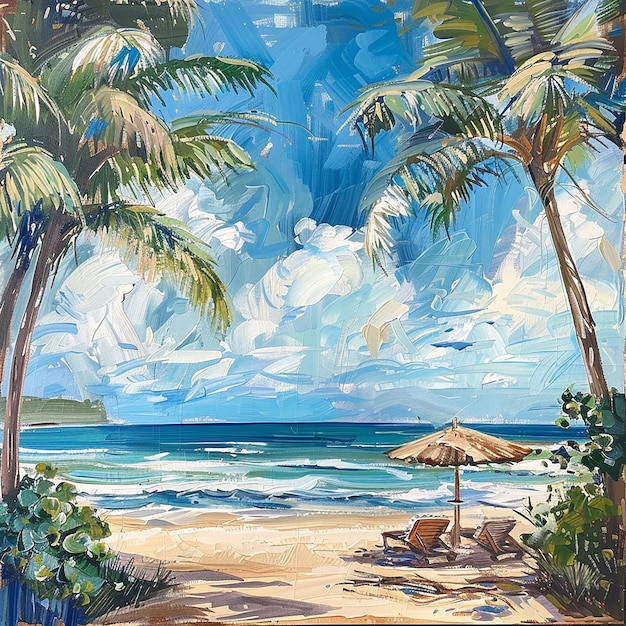 3d photo of a room with a palm tree and a bird cage on the beach