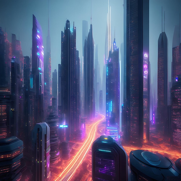 네온 불빛이 비치는 먼 미래 도시의 3D 사실적 일러스트레이션