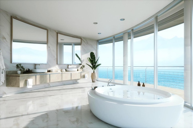 Photo 3d photorealistic visualization of a contemporary luxury white bathroom of a villa with washstand