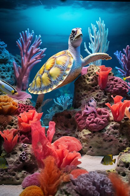작은 물고기, 바다 거북이 및 비브를 포함한 산호초의 다양한 생명을 포착하는 3D 사진 촬영