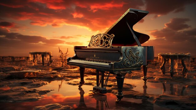 3d piano bij zonsondergangoorlog