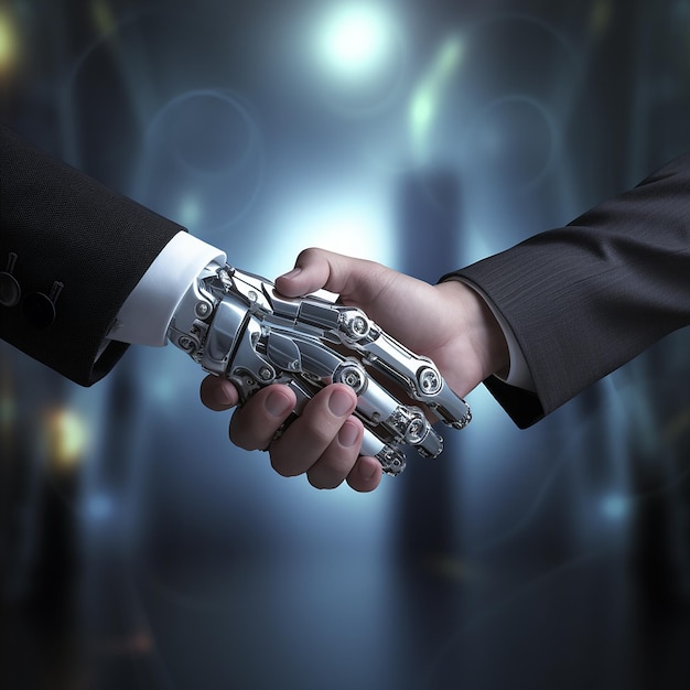 3D-изображение рукопожатия робота и человека на абстрактном фоне