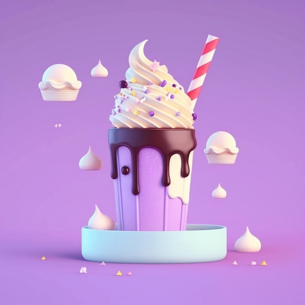 3D Piece of Birthday Cake with Milkshake Ai generative