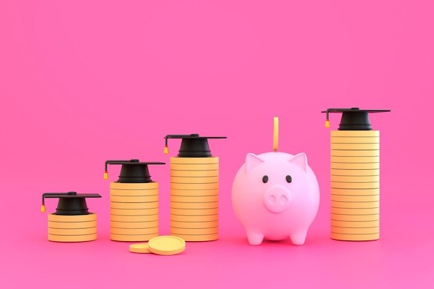 3D. Piggy bank and graduation cap collecting money for education