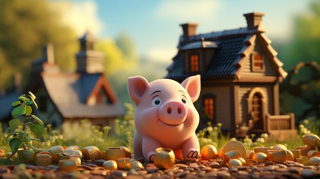 3D piggy bank and a home on blur background