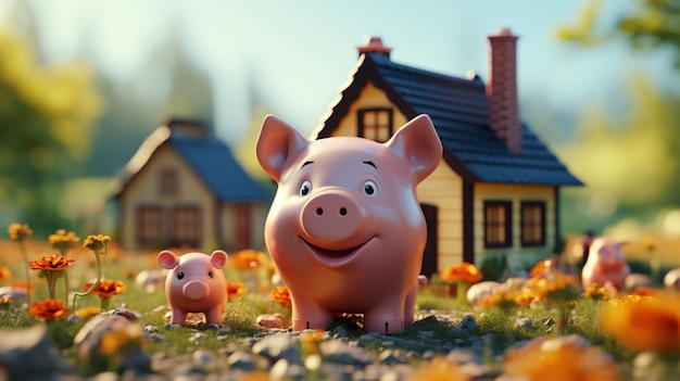 3D piggy bank and a home on blur background