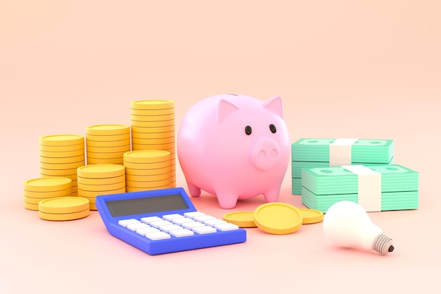 3D. Piggy bank, stacks of coins, banknotes and calculators. savings and investment ideas