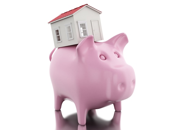 3d Piggy bank with coins and house. 