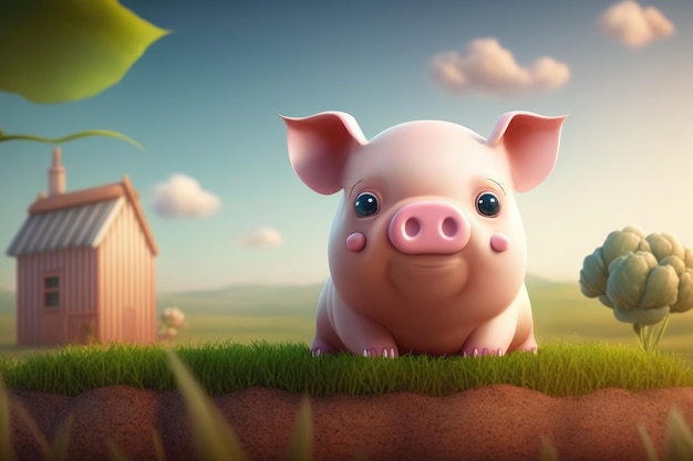 3D piglet farm background A cute pink pig lives on a farm