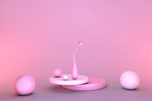 Piedistallo geometrico astratto rosa 3d. podio pastello luminoso design minimale con fiori di tulipano.