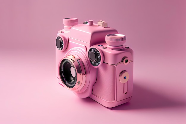 3d pink camera in flat style on light blue background 3d render Generative Ai