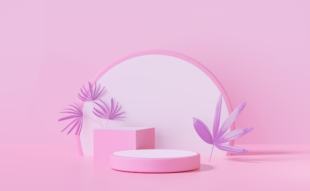 3d pink cylinder stage podium empty with cube palm leaf abstract geometric cosmetic showcase pedestal pink background minimal modern scene 3d render illustration