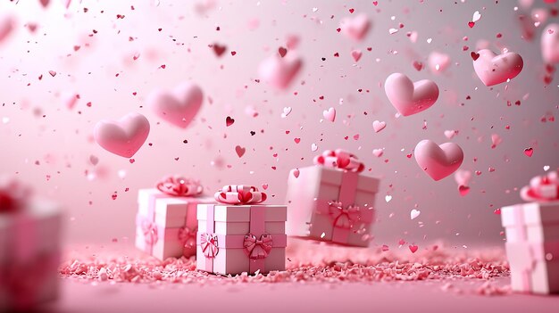 3D Pink Flying Gift Boxes and Hearts for Valentines