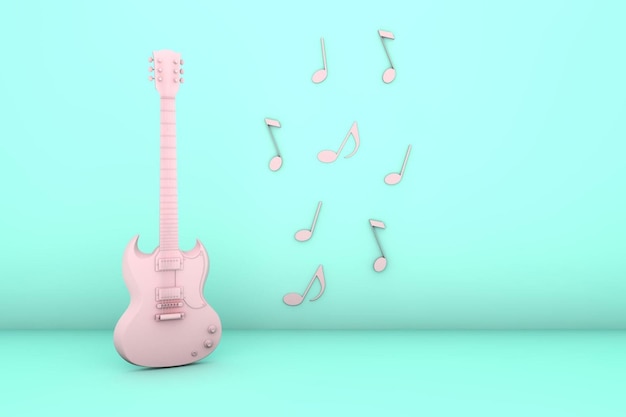 3D Pink guitar and sheet music blue background