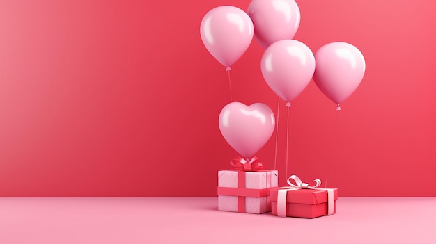 3D Pink Heart Balloon and Presents on Red Background