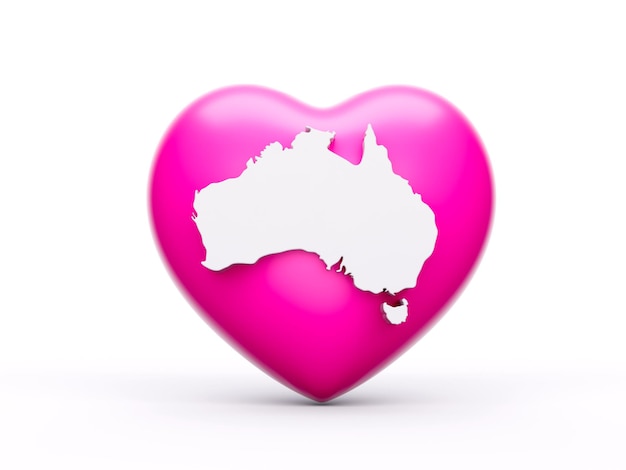 3d розовое сердце с 3d белой картой Австралии, изолированной на белом фоне 3d иллюстрация