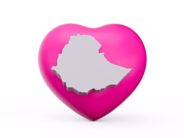 Photo 3d pink heart with 3d white map of ethiopia isolated on white background 3d illustration