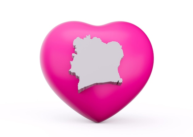3d Розовое сердце с 3d белой картой Кот-д'Ивуара, изолированной на белом фоне 3d иллюстрация