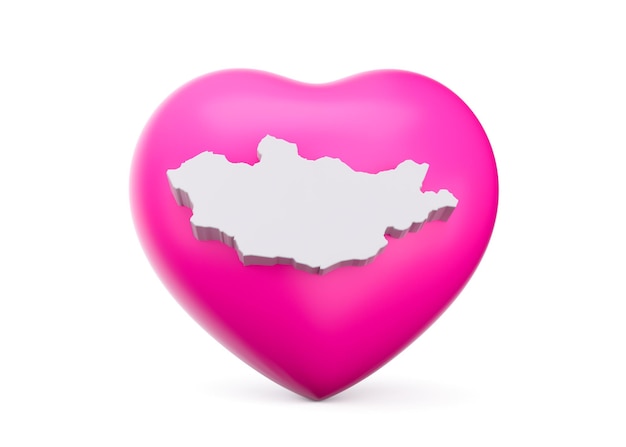 색 배경에 고립 된 몽골의 3d 색 지도와 함께 3d 분홍색 심장 3d 일러스트