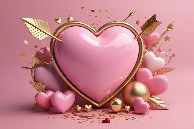 Photo 3d pink heart with golden arrow on light pink background with hearts