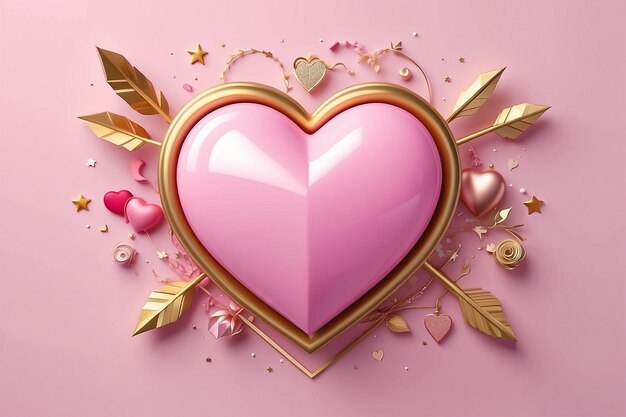 Photo 3d pink heart with golden arrow on light pink background with hearts