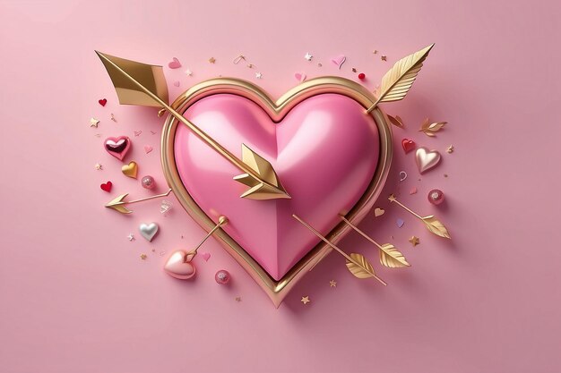 Photo 3d pink heart with golden arrow on light pink background with hearts