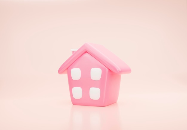 베이지색 배경에 3d 핑크 하우스 아이콘 만화 아이콘 최소한의 스타일 집 판매 구매의 개념