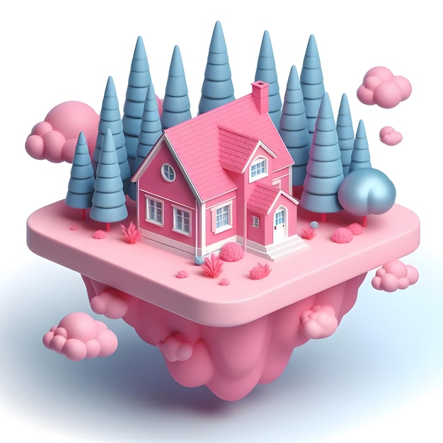 A 3D pink house with a pointed roof is on a pink island surrounded by blue trees The island is floa