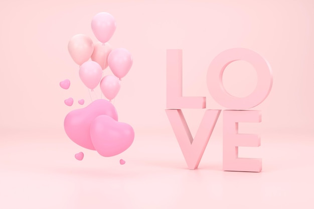 3D. Pink love, balloons and heart with pink background. Valentine's day concept.