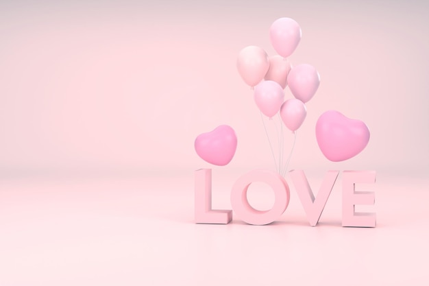 3d. amore rosa, palloncini e cuore con sfondo rosa. il giorno di san valentino concetto.