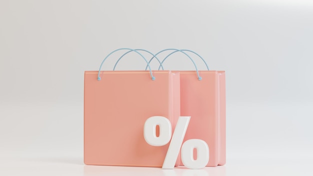 3d pink paper bag with percent sign on white background 3d render illustration