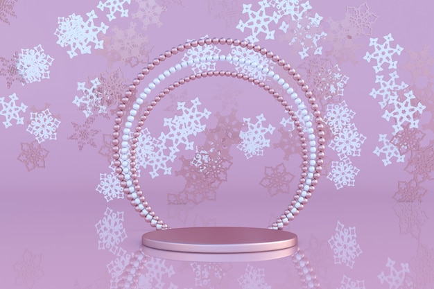 3D pink pastel podium with pearl frame Flying snowflake winter ornament Christmas and New Year