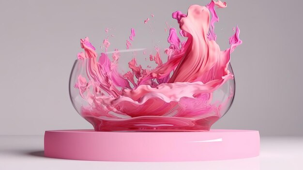 3D pink pedestal podium with liquid white splash swirl on studio Generative Ai