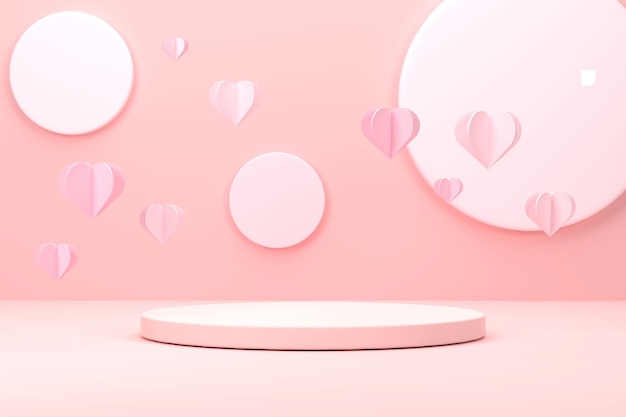 3D. Pink podium, pink heart on pink background. Business concept showcase.