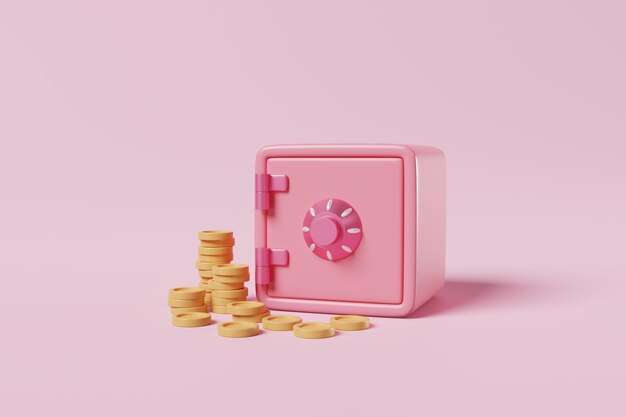 3d pink safe box with stacking coins on pink background money
savings financial security concept 3d rendering