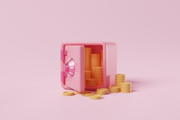 3d pink safe box with stacking coins on pink background Money savings Financial security Safety system concept 3d rendering