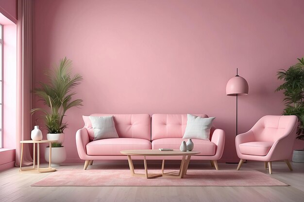 Photo 3d pink sofa interior on pastel background abstract with table in studio living room home 3d rendering front view for