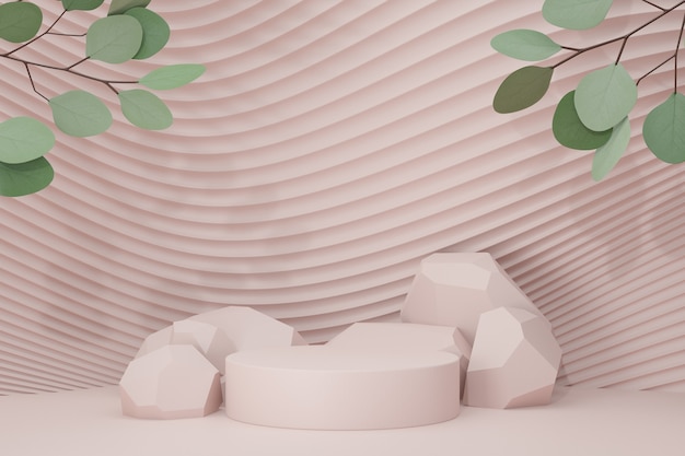 3d pink stone cylinder podium on curve wave wall with green leave tree. 3D illustration rendering.