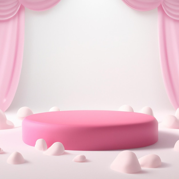 3d pink white pastel podium pedestal with pink satin and cloud create with generative ai technology.